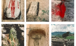 Six color photographs in two rows of three show a figure rendered in various ways including as a line drawing in dirt, in blood or red pigment on cloth and in sand, and in sticks in an architectural hollow.