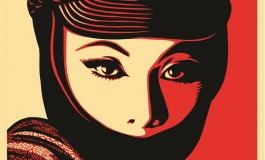 A red and black screenprint of a woman's face partly obscured by a mask and cap with a circular logo. 