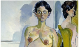 A full-length portrait painting of a nude pregnant woman with pale skin and eyes and short dark hair seated on a yellow chair with her arms at her sides, gazing at the viewer. A mirror in the top right of the painting shows her reflection from the back.