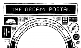 A diagram-like illustration of a contraption with wheels, nozzles, and signal meters with the text "THE DREAM PORTAL" at the top.