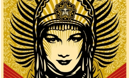 A screenprint of a woman wearing an elaborate head covering and an owl against an orange, yellow, and gold background.