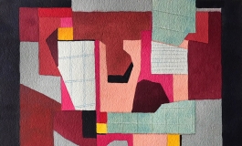 A watercolor painting showing various overlapping geometric shapes and scraps, some with various grid markings, in shades of pink, red, light gray, sage green, peach, and yellow.