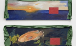 Two long horizontal oil paintings on wood hang one below the other. The top depicts a sunset over water, the bottom an underwater scene of an orange fish. Each scene is disrupted by a solid red rectangle, and each painting is draped with green fabric along the top edge.