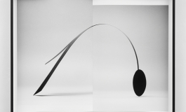 Two black-and-white photographs overlap in a black frame to show a gracefully curved minimalist sculpture by artist Tony Smith.