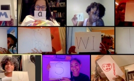A video-conference screen capture shows 11 participants holding up written letters that spell out "Make art with us."
