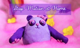 Image of a purple and pink clay panda surrounded by pink fluff with the words "STOP MOTION AT HOME WITH ARIEL GRUBB" above it.