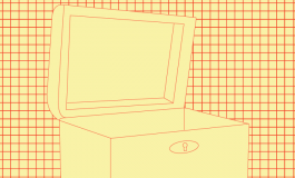 Red and yellow graphic of a treasure chest against a checked background