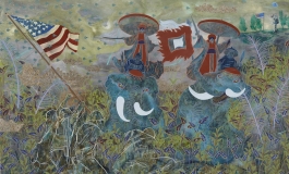 An intricate, layered depiction of several figures riding elephants in a lush landscape encountering the outlines of several soldiers hoisting an American flag. 