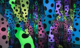An installation of a polka-dotted neon colored tentacle-shaped arms that extend from the ceiling and floor of an enclosed mirrored room.