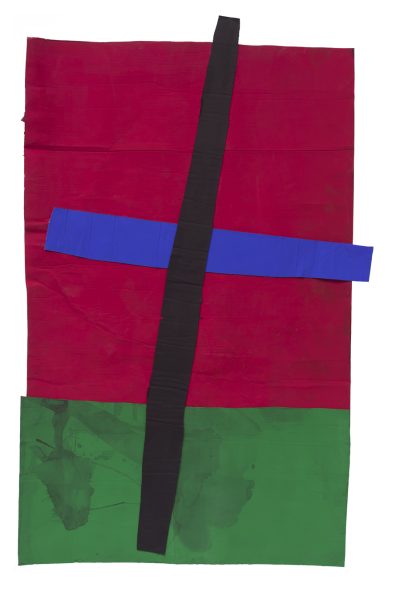 A red, green, black, and blue collage on a white background. 