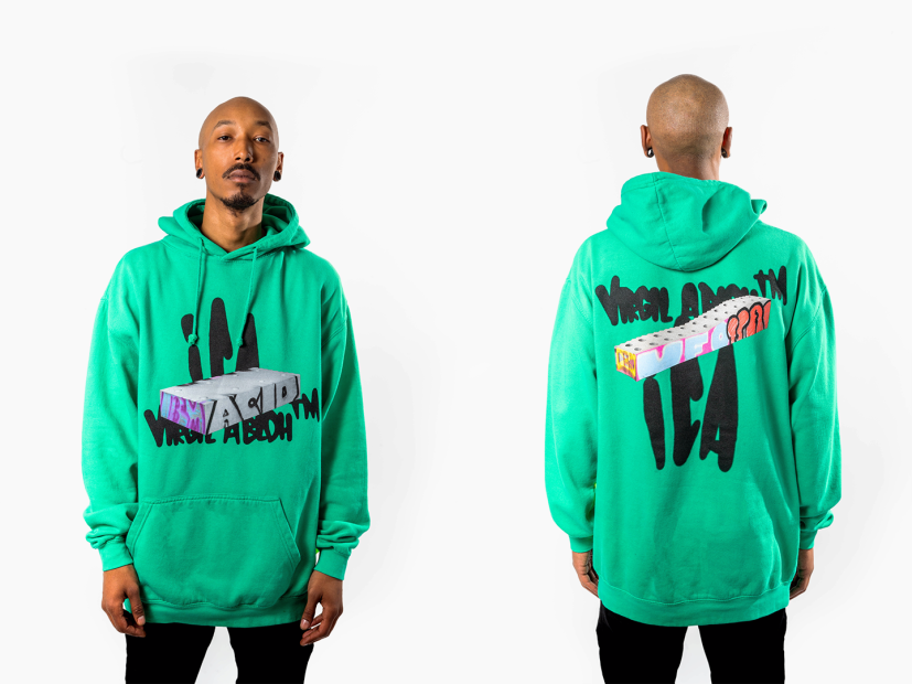 Two images of a young man in a green hooded sweatshirt, shown from front and back.