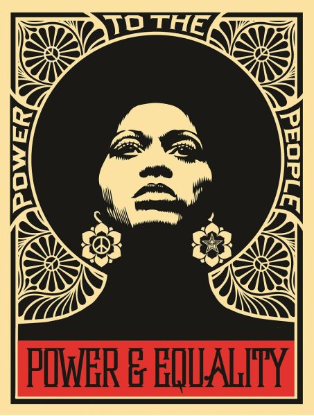 A black and red screenprint of a woman with an afro surrounded by a pattern of petals and peace signs and the phrases 