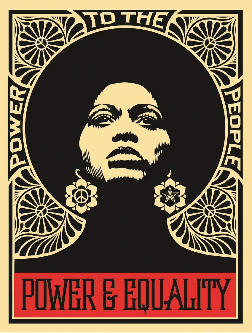 A black and red screenprint of a woman with an afro surrounded by a pattern of petals and peace signs and the phrases 