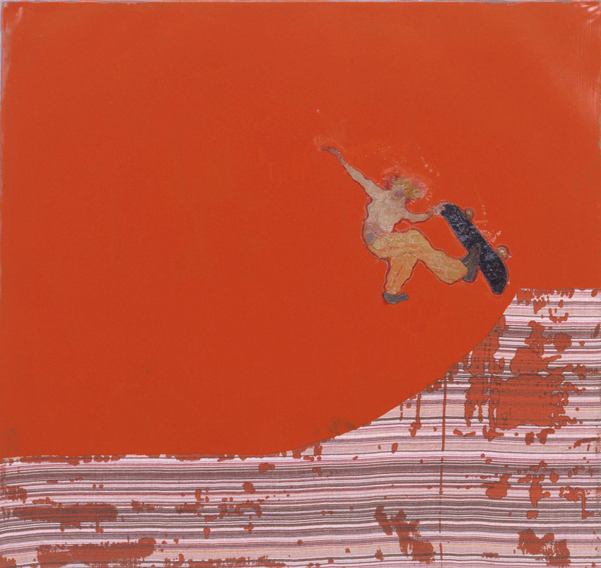 A painting on striped fabric of a skateboarder in midair against a red-orange field. 