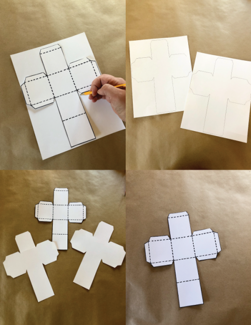 A grip of four images displaying step-by-step a die template that is traced over two sheets of paper and cut out.