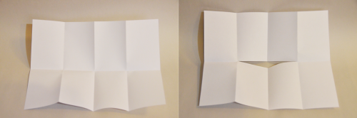 Two images: on the left is a blank piece of white paper folded into eight equal sections; on the right is the same paper with a slit in the middle of the sheet.
