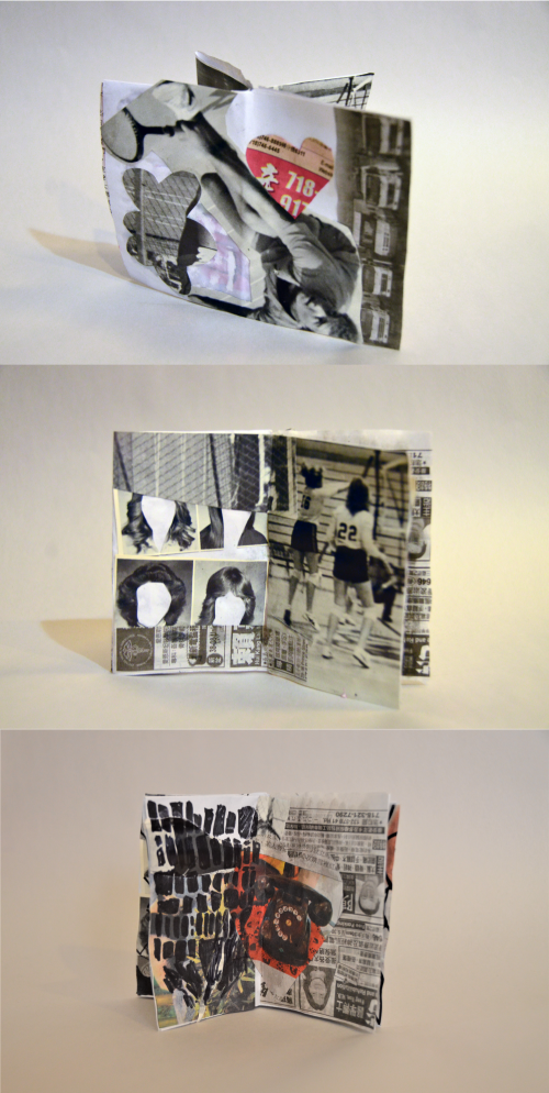 Three images stacked showing different angles of a miniature magazine made from collaged newspaper cut-out.