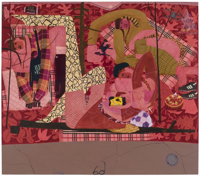 An oil painting in mostly pink, red, and yellow colors shows three women figures seated or laying on picnic blankets surrounded by leaves, a drone, sports equipment, and a bag of apples.