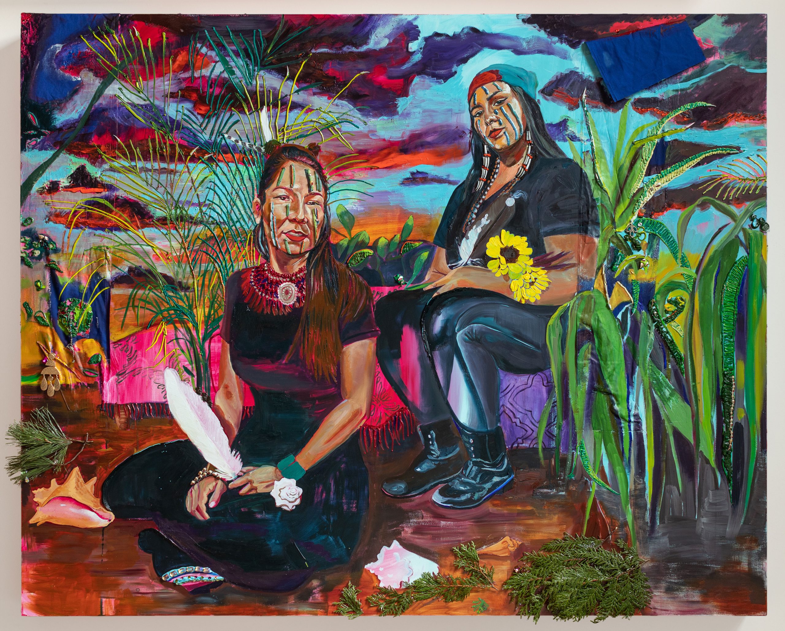 A painting of two people with long dark hair, medium skin tones, and colorful vertical stripes on their faces in a vibrant landscape.