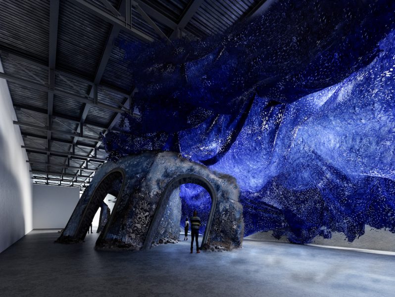 A rendering of sculpture that appears to be a sinking ruin and blue waves in the ICA's seasonal exhibition space, the Watershed