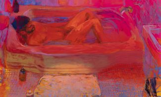 An oil painting in bright pinks and blues shows a nude man reclining in a bathtub in a small, cramped bathroom.