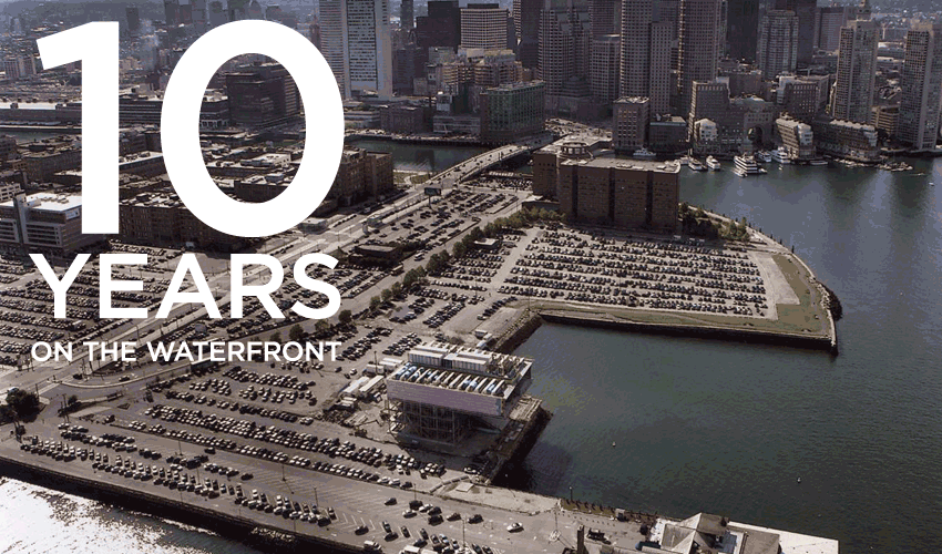 Graphic with aerial shot of Seaport neighborhood and harbor and the text 