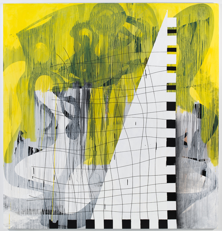 An abstract acrylic painting with yellow, white, black and their mixed colors shows the strings of a triangular guitar alongside assorted geometric shapes.