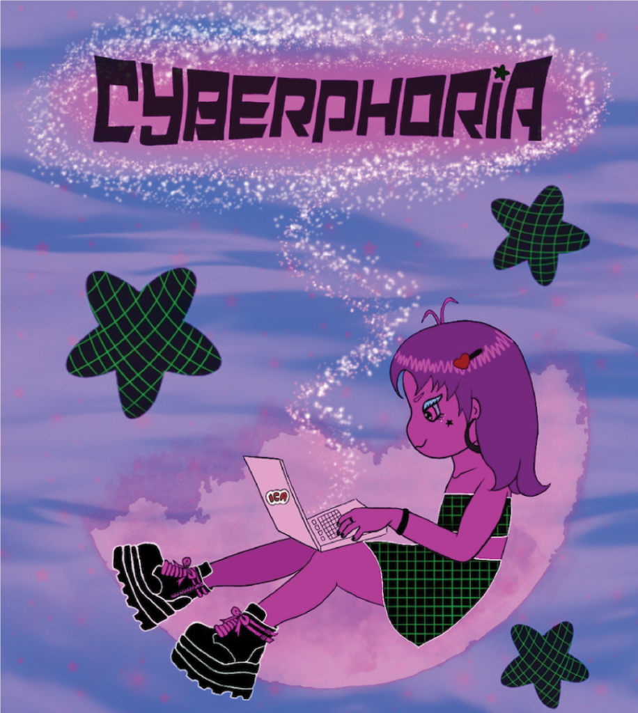 An illustration of a pink being floating in a purple cloud on their laptop, with the words "Cyberphoria" written in a stylized typography to resemble a digital grid.