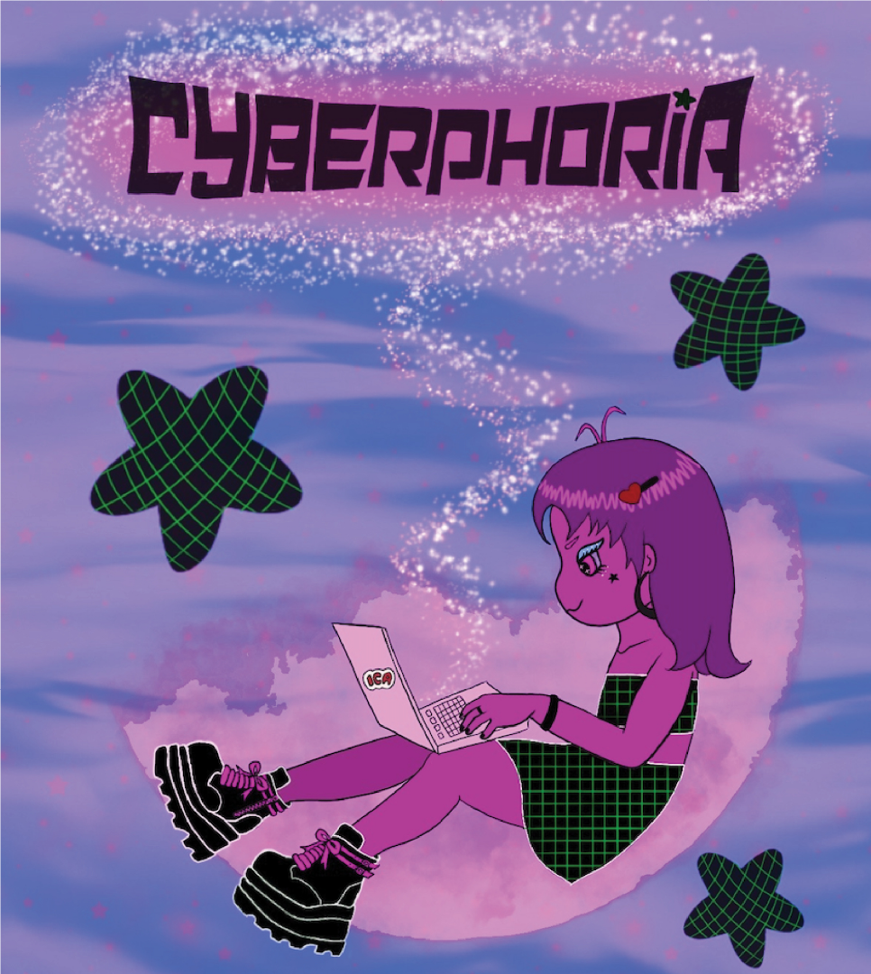 An illustration of a pink being floating in a purple cloud on their laptop, with the words 