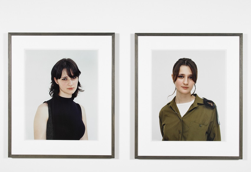 A diptych of color portrait photographs of a young woman with pale skin and shoulder-length dark hair, one in a black tank top, one in military uniform.