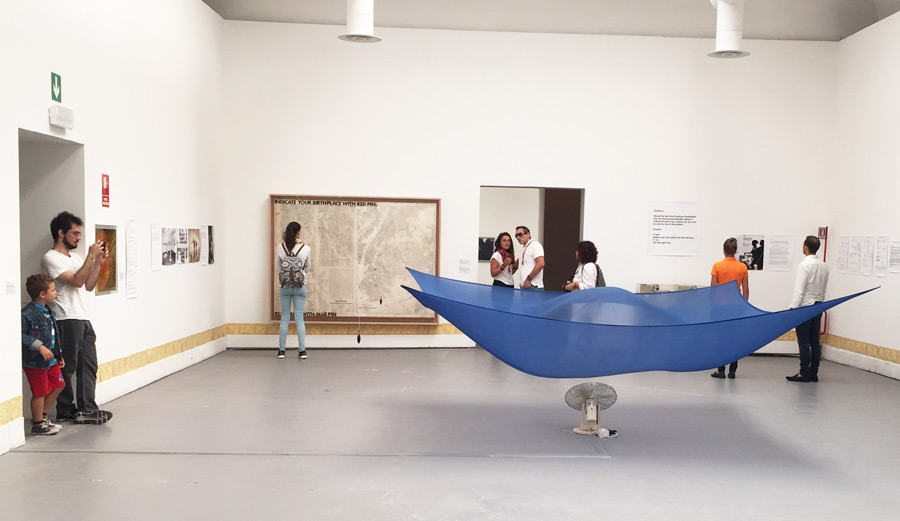 Installation view of works by Hans Haacke at the Central Pavilion, 56th Venice Biennale, 2015