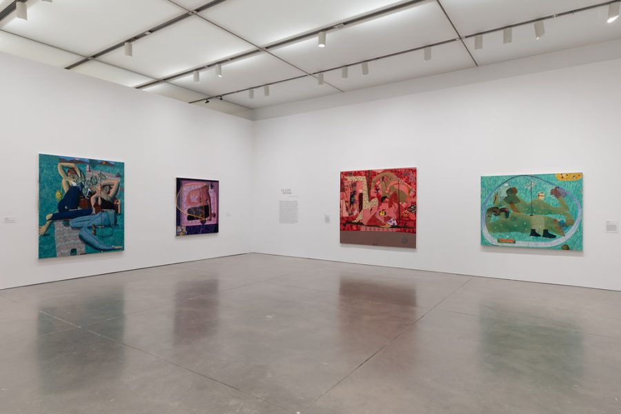 Four large, monochrome paintings in a gallery depicting contorted women