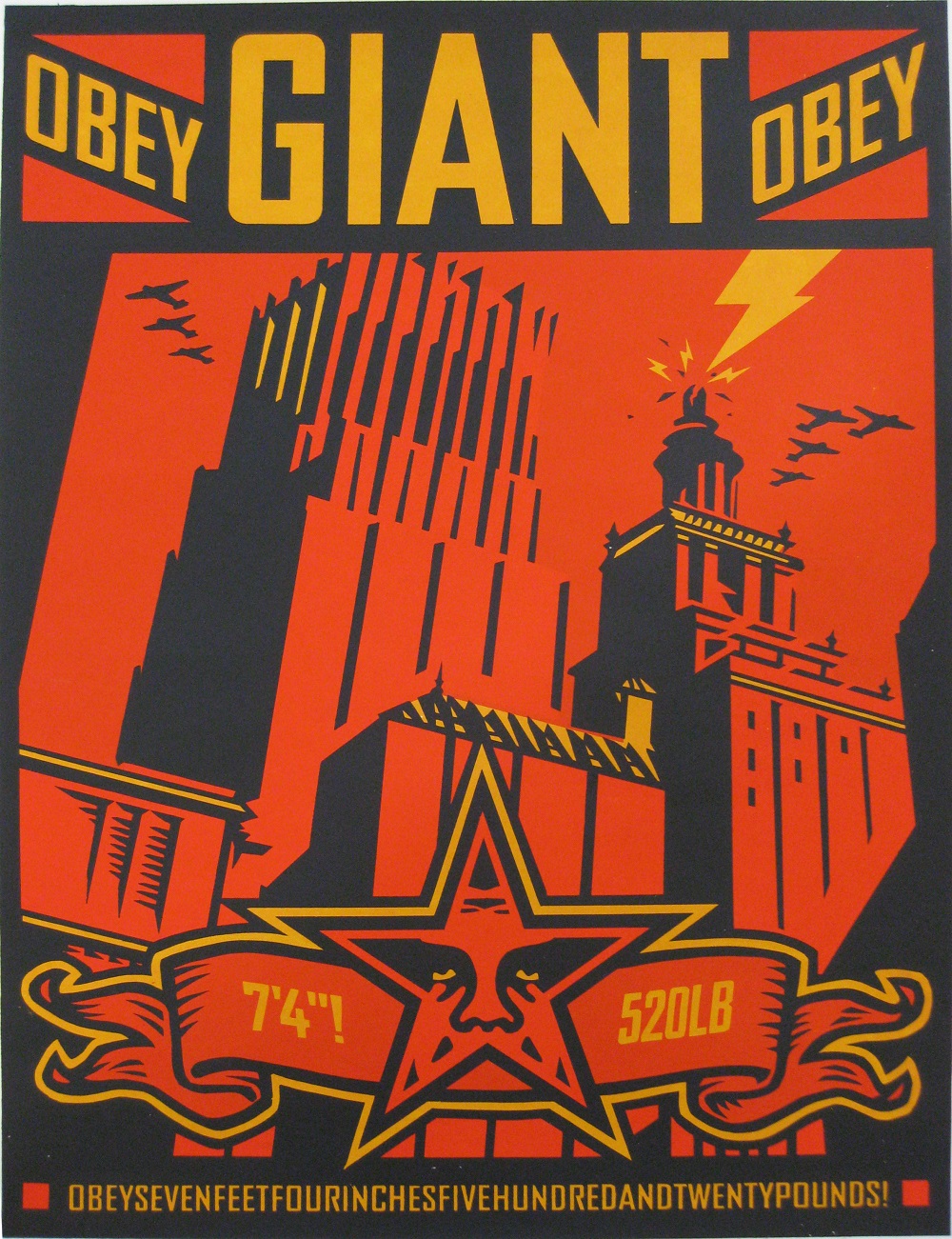 A red and black screenprint of several tall buildings, one struck by a lightning bolt, a star with Andre the Giant’s face, and the texts “OBEY GIANT OBEY” and ”7’4”! 520 lbs.”
