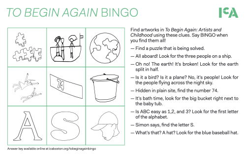 Bingo game featuring clues and line drawings of imagery to seek in the exhibition To Begin Again