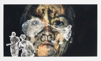 A color photograph shows a collage of three figures in white in various poses overlaying an enlarged image of a woman's face projected with light and directly facing the viewer.