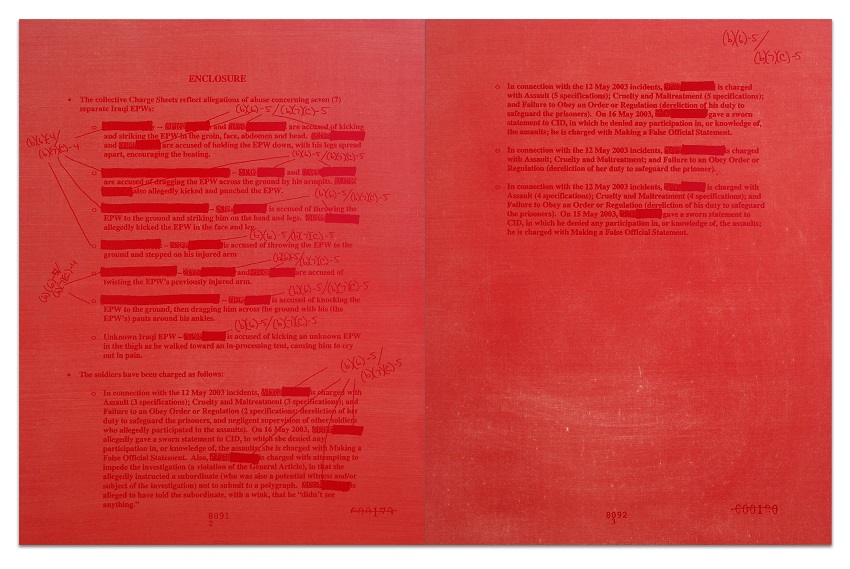 An entirely red oil painting depicts two documents side by side with typed text, hand-written notes, and censored notations.