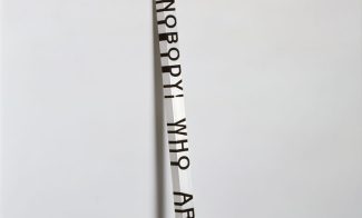A sculpture depicts a rectangular white pole leaning against a white wall with black text reading, "I'm nobody! Who are you?" vertically down one side.