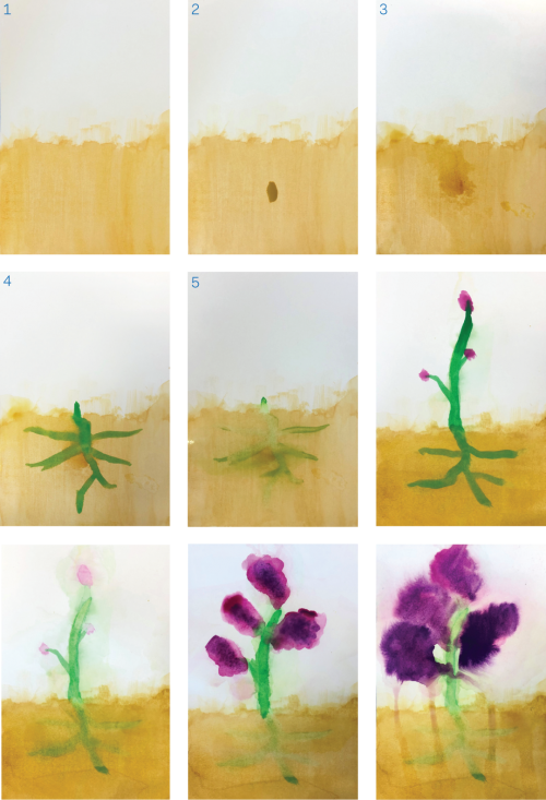 Nine watercolor paintings depicting the progression of a purple flower growing from soil.