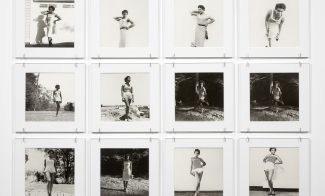 Twelve square black-and-white photographs arranged in a three-by-four grid show a Black woman standing in various poses.