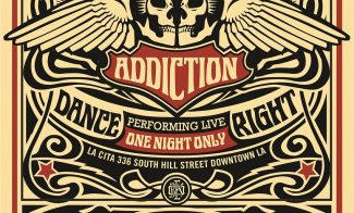 A black and red screenprint of a Jane's Addiction concert poster featuring winged skulls and brass knuckles embedded in an elaborate composition with concert details.