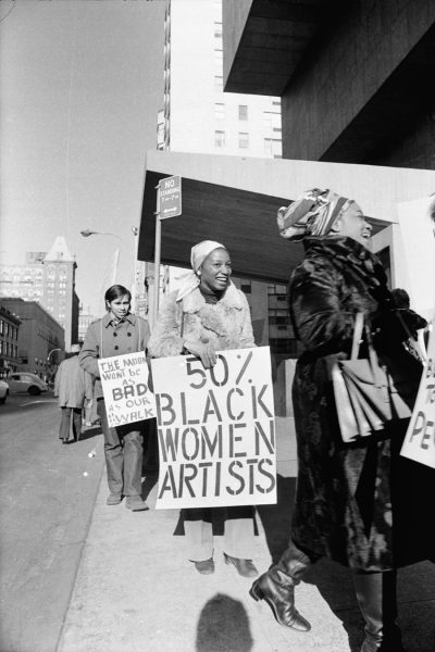 Jan van Raay, Faith Ringgold (right) and Michele Wallace (middle) at Art Workers Coalition Protest, Whitney Museum, 1971