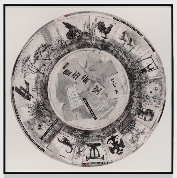 A round drawing with various scenes of war and pastoral life around the edge along with pasted in type.