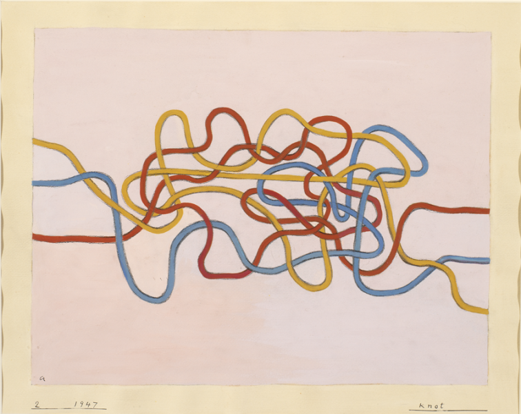 Painting of tangled blue, red, and yellow string against a peachy off-white background. 