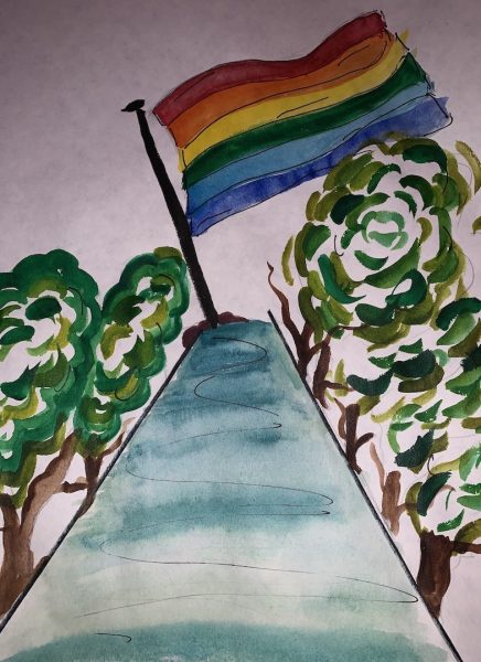 A watercolor painting of a rainbow flag at the end of tree-line road.