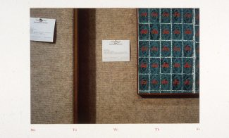 A color photograph depicts two labels tacked to the wall alongside a sheet of Andy Warhol's "70 S & H Green Stamps." The text “Mo Tu We Th Fr” spans the bottom margin.