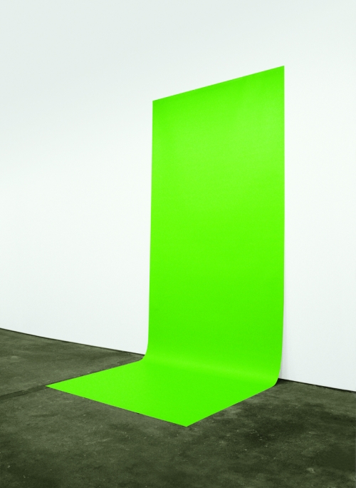 A long, bright green photograph that attaches to the wall and extends onto the floor to look like a green screen backdrop. 