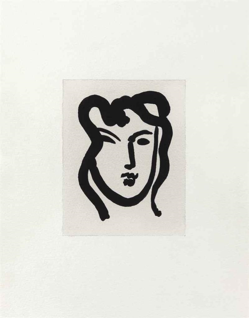 A simplified line drawing in ink and graphite of a woman's face in the later drawing style of Henri Matisse.