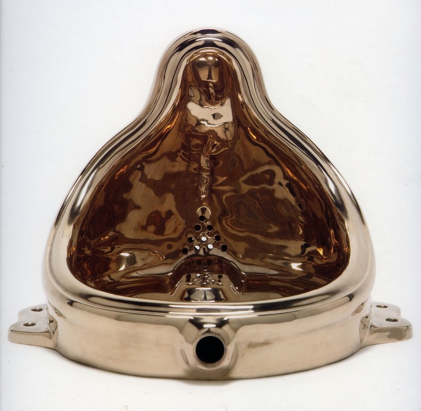 A shiny bronze replica of Marcel Duchamp's 1917 