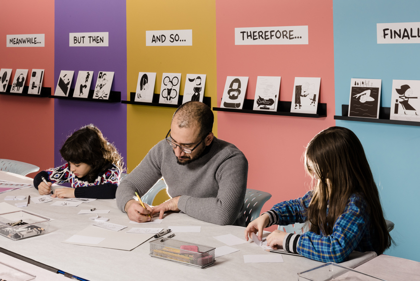 Artist Dave Ortega in the Bank of America Art Lab with kids