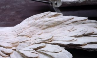 A color photograph depicts two plaster casts of the wings of the sculpture the Nike of Samothrace.